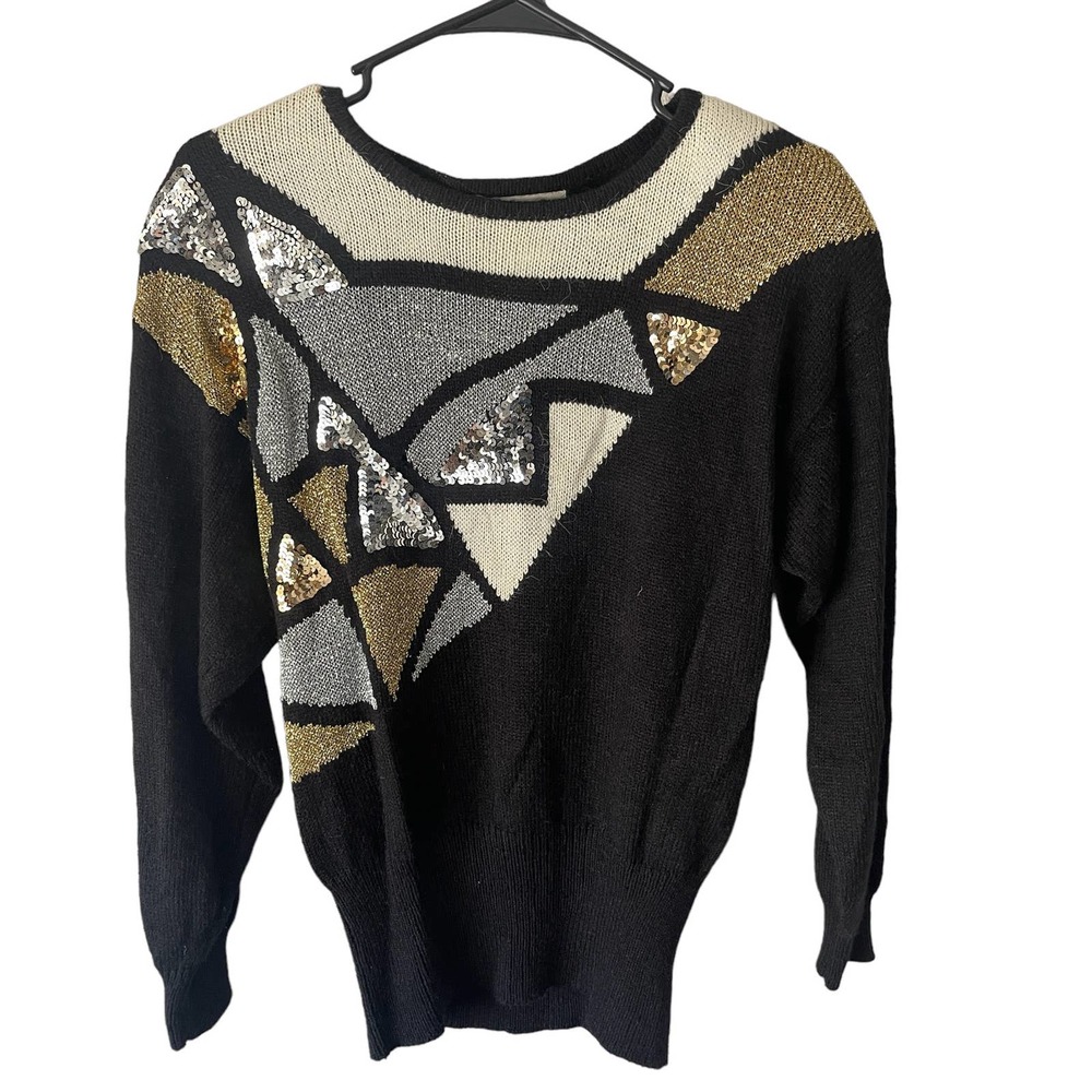 Vintage JG by Joyce Sweater Womens Petite Size‎ 8 Black Sequin Geometric